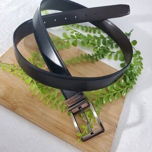 PERRY ELLIS Bonded Reversible Black/Dark Brown Chrome Tipped Buckle Belt